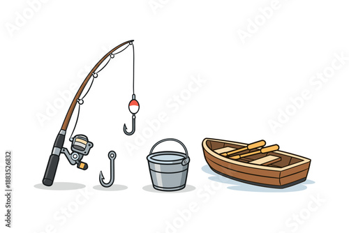 Fishing equipment and wooden rowboat in cartoon style
