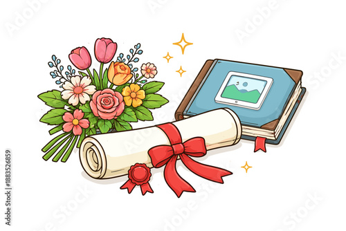 Elegant graduation celebration with diploma, photo album, and flowers