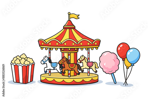Colorful carousel with popcorn and balloons: fun amusement park scene