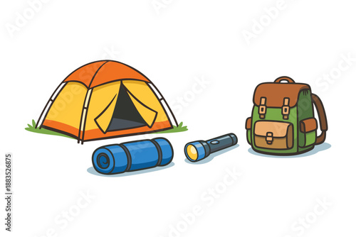 Camping gear essentials: tent, backpack, flashlight, and sleeping bag