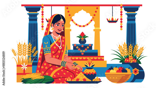 Vector illustration of an Indian woman in traditional dress participating in a harvest celebration ritual, symbolizing abundance, gratitude, and cultural spiritual heritage