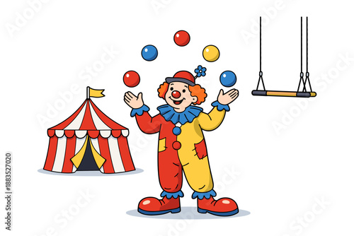 Colorful clown juggling at circus with tent and trapeze in playful cartoon style
