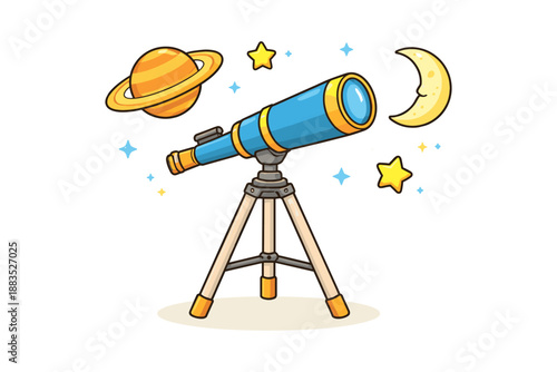 Colorful cartoon telescope with stars and planets for astronomy enthusiasts
