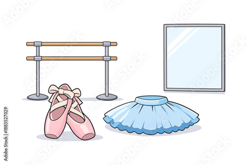 Ballet essentials: dance shoes, skirt, and barre with mirror in a minimalist design