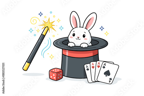 Cute magic bunny in hat with wand and playing cards