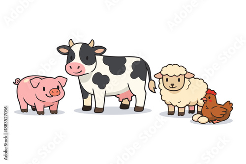 Farm animal cartoon set featuring cow, sheep, pig, and chicken with eggs