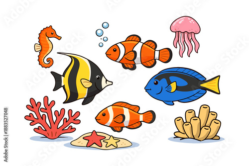 Colorful marine life with tropical fish and coral on white background