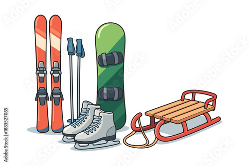 Winter sports gear: skis, snowboard, sledge, and ice skates in cartoon style