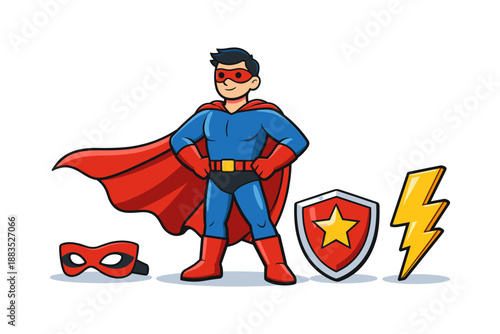 Superhero character with cape, shield, and lightning bolt on white background