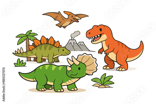 Playful cartoon dinosaurs with volcanoes and plants for kids