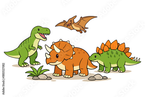 Cute cartoon dinosaurs in a fun prehistoric scene with t-rex and friends
