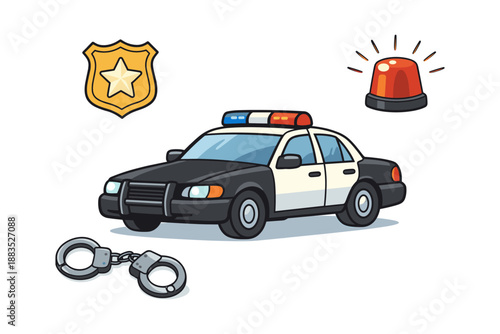 Police car cartoon with badge, handcuffs, and siren