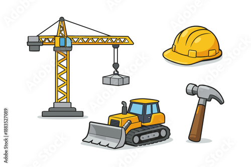 Construction equipment and tools set with crane, bulldozer, hard hat, and hammer