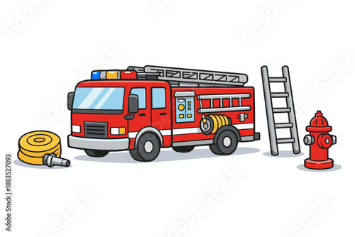 Cartoon fire truck with ladder, hose, and hydrant on white background