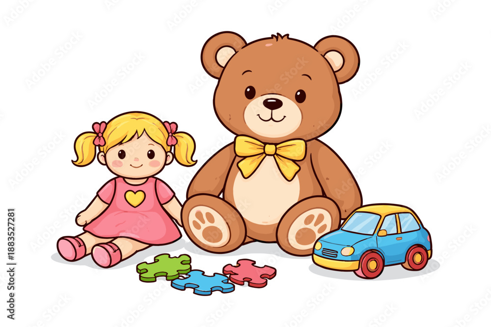 Obraz premium Cute toy collection with teddy bear, doll, puzzle, and car on white background