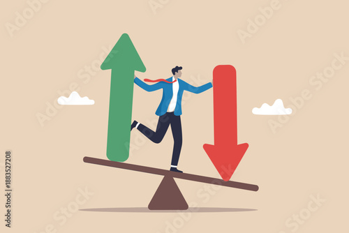 Businessman balancing between upward and downward market trends, symbolizing risk and opportunity