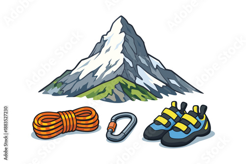 Mountain climbing gear with boots, rope, carabiner, and snowy peak