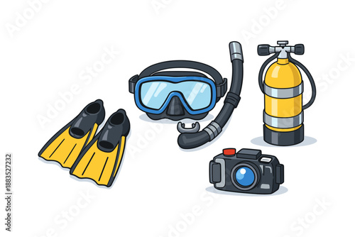 Scuba diving gear set with snorkel, flippers, air tank, and underwater camera for adventure enthusiasts