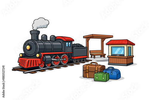 Vintage steam train at station with luggage and ticket booth