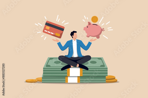 Man balancing credit card and piggy bank while sitting on a pile of money, symbolizing financial decisions