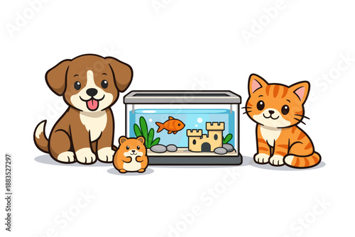 Cute pets and aquarium with castle: dog, cat, hamster, and goldfish in adorable design