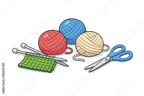Cozy crafting essentials: vibrant yarn balls with knitting needles and scissors