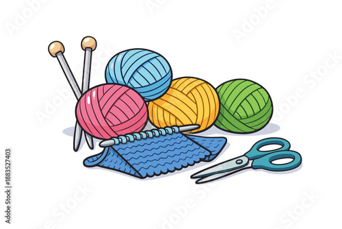 Colorful yarn balls with knitting needles and scissors on white background