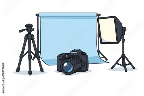 Photography studio equipment essentials: camera, tripod, backdrop, and lighting setup