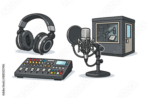 Modern audio recording studio with equipment and soundproof booth in cartoon style