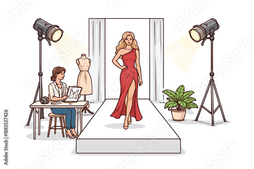 Fashion show runway scene with designer and model walking under spotlights