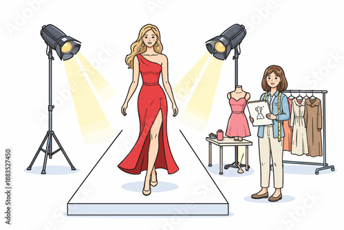 Fashion show preparation with a model walking the runway and designer reviewing sketches
