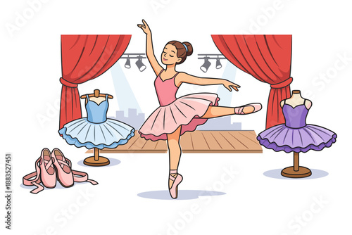 Ballet dancer on stage with costumes and pointe shoes in background