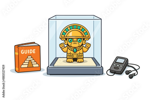 Ancient artifact in museum exhibit with audio tour guide and information booklet