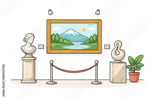 Flat art gallery interior with paintings and sculptures in bright modern style