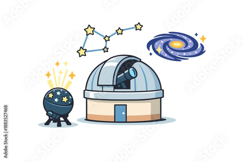 Cartoon observatory with telescope and starry galaxy in outer space scene