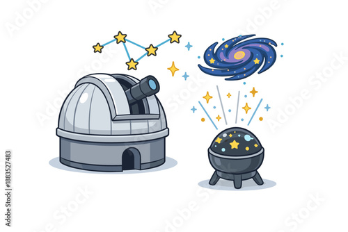 Whimsical astronomy: observatory and cosmic wonders in cartoon style