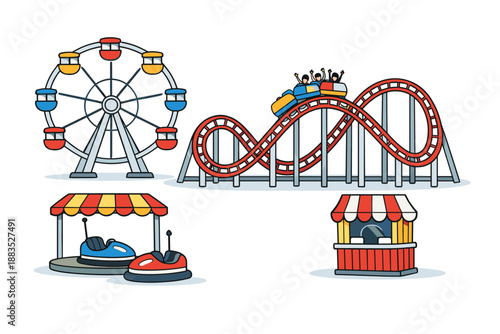 Colorful amusement park fun with roller coaster and ferris wheel in flat design