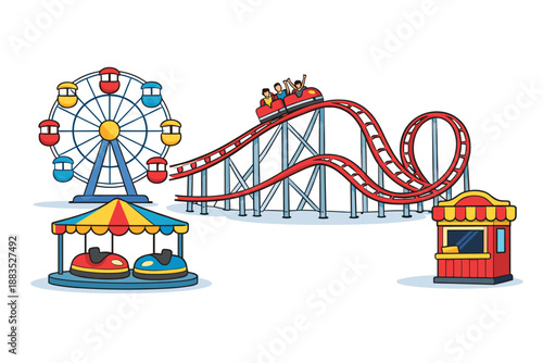 Colorful amusement park with roller coaster and ferris wheel