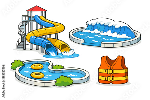 Fun water park elements with slides, pools, and safety vest