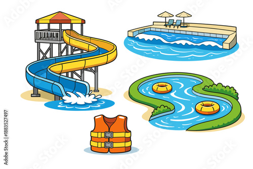 Colorful water park elements with slides, pools, and tubes in fun cartoon style