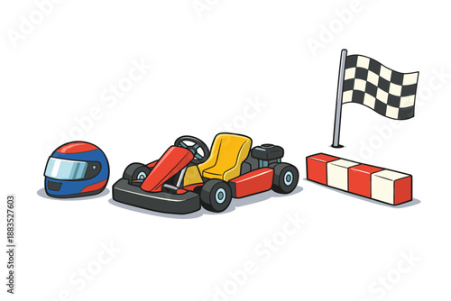 Cartoon go-kart race elements with helmet, flag, and barrier