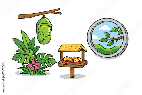 Nature transformation: butterfly cocoon, circular window, and bird feeder cartoon art