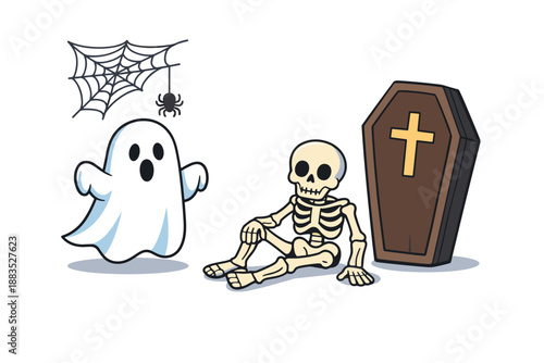 Halloween cartoon scene with skeleton, ghost, coffin, and spider web