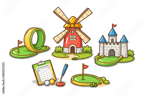 Colorful miniature golf course with windmill, loop, castle, and equipment