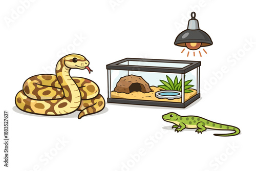 Cartoon reptiles with terrarium setup and heating lamp