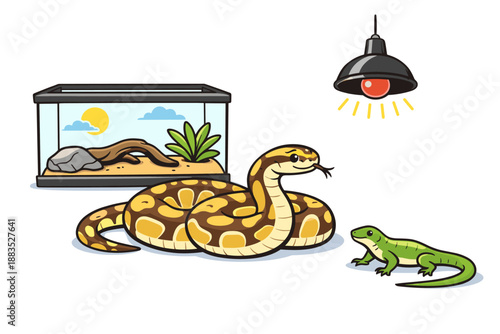 Pet reptile scene with snake and lizard under heat lamp in terrarium setting