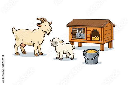 Farm life animals: goat, lamb, rabbit, and feeding station in flat cartoon style