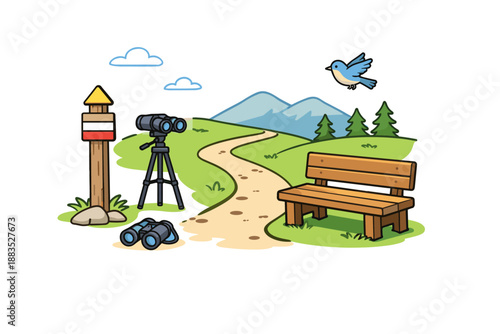 Scenic hiking trail with birdwatching spot and mountain view