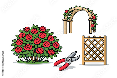 Colorful garden elements: rose bush, arch, fence, and pruning shears