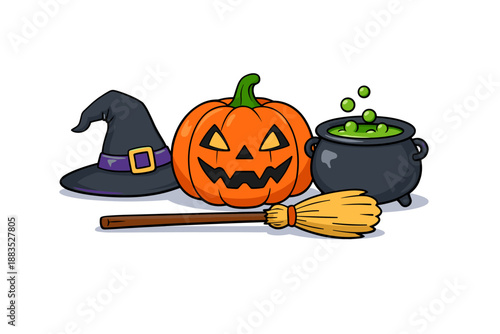 Colorful halloween icon set featuring pumpkin, witch hat, broom, and cauldron